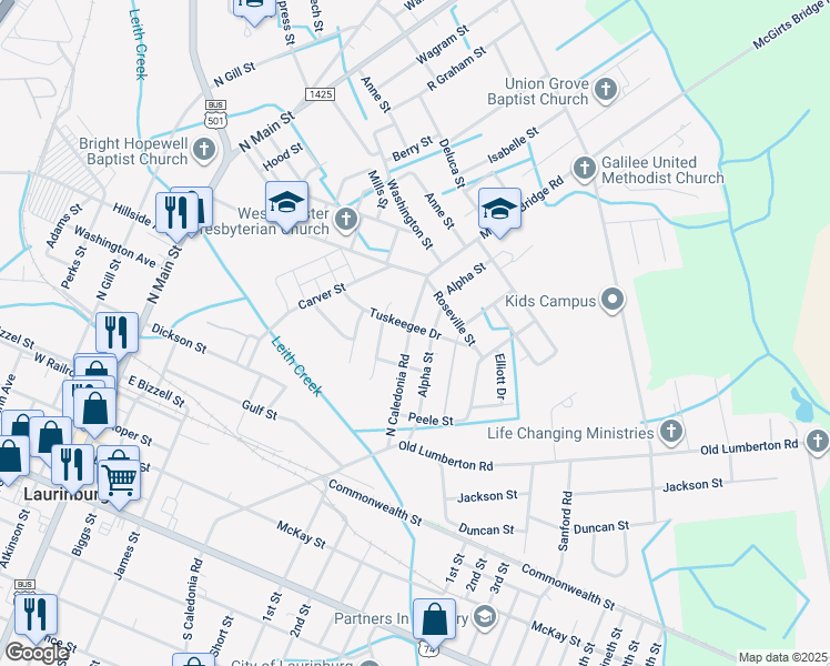 map of restaurants, bars, coffee shops, grocery stores, and more near 442 North Caledonia Road in Laurinburg
