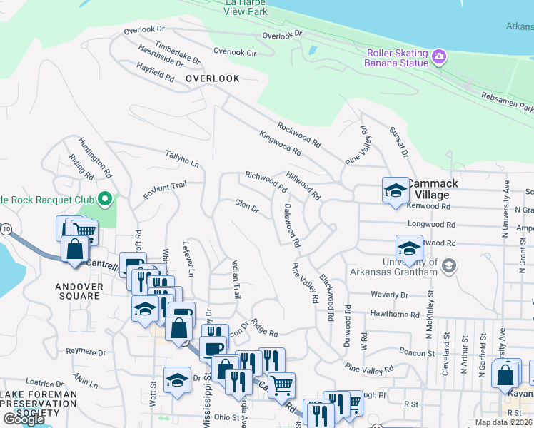map of restaurants, bars, coffee shops, grocery stores, and more near 100 Glen Drive in Little Rock