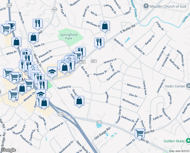 map of restaurants, bars, coffee shops, grocery stores, and more near 102 Sycamore Drive in Mauldin