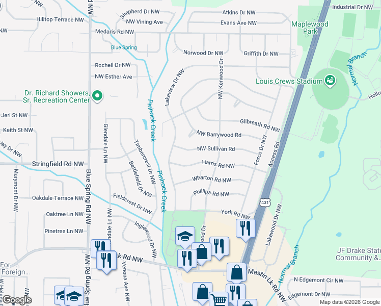 map of restaurants, bars, coffee shops, grocery stores, and more near 2217 Northwest Sullivan Road in Huntsville