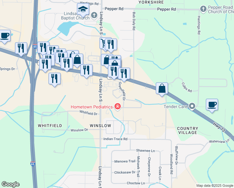 map of restaurants, bars, coffee shops, grocery stores, and more near 15243 Greenfield Drive in Athens