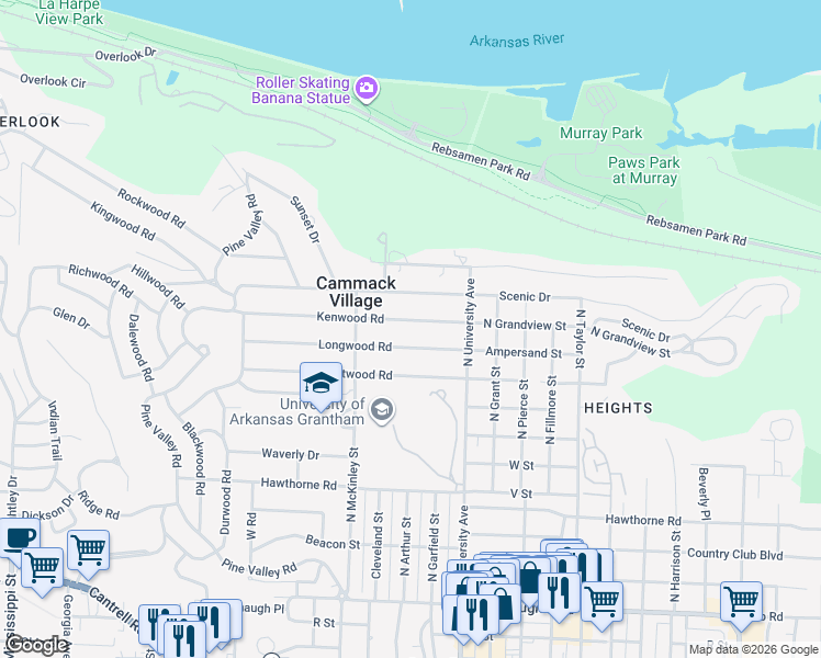 map of restaurants, bars, coffee shops, grocery stores, and more near 6212 Longwood Road in Little Rock