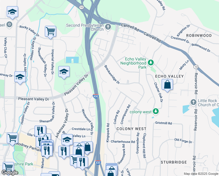 map of restaurants, bars, coffee shops, grocery stores, and more near 23 Kingspark Court in Little Rock