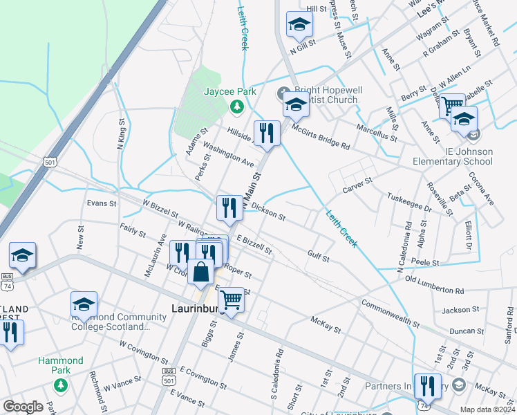 map of restaurants, bars, coffee shops, grocery stores, and more near Dickson Street in Laurinburg