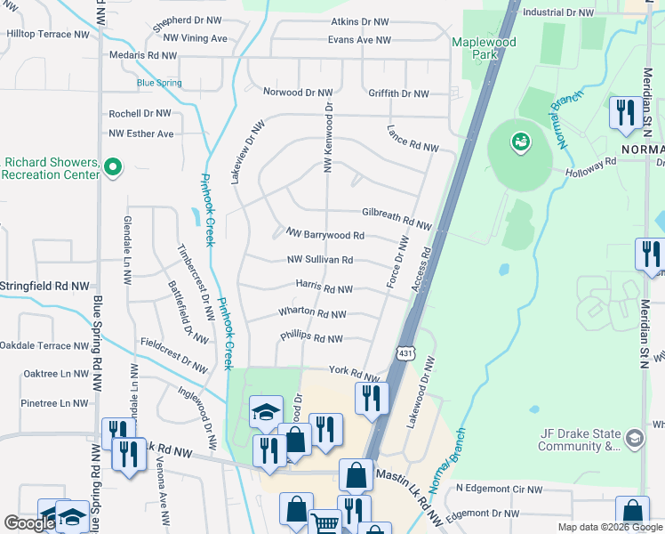 map of restaurants, bars, coffee shops, grocery stores, and more near 4102 Northwest Kenwood Drive in Huntsville