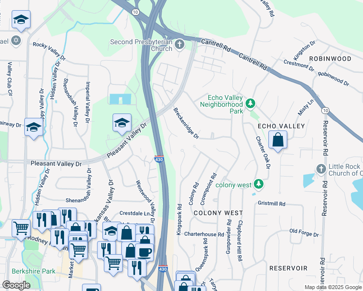 map of restaurants, bars, coffee shops, grocery stores, and more near 23 Kingspark Court in Little Rock