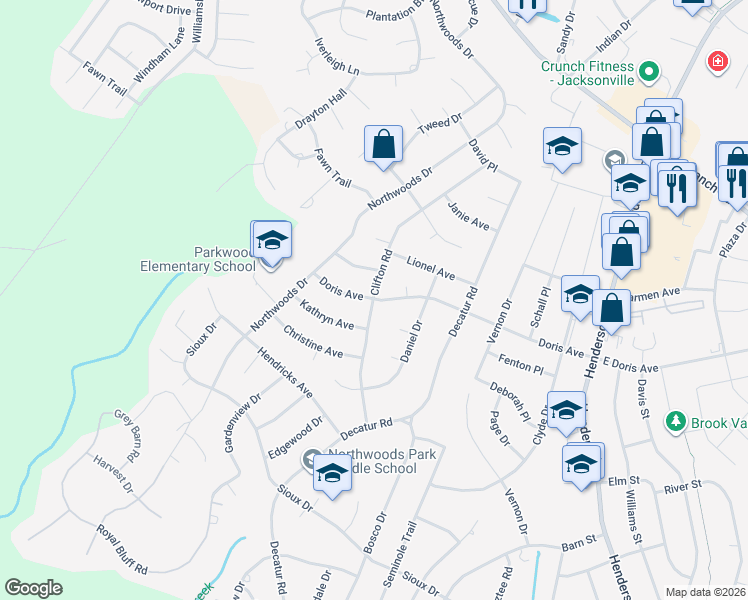 map of restaurants, bars, coffee shops, grocery stores, and more near 699 Doris Avenue in Jacksonville