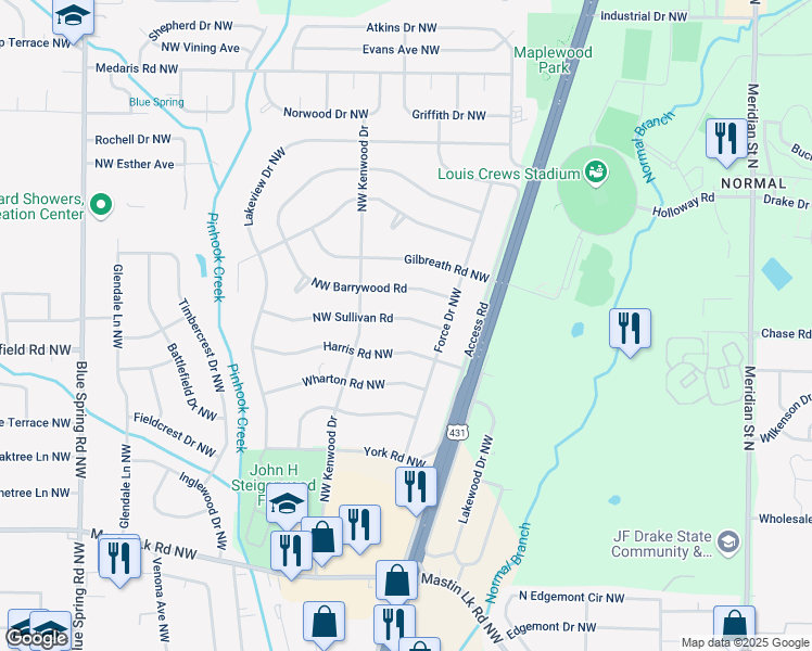 map of restaurants, bars, coffee shops, grocery stores, and more near 2109 Northwest Sullivan Road in Huntsville