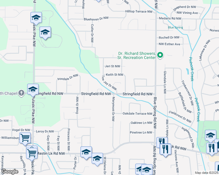 map of restaurants, bars, coffee shops, grocery stores, and more near 4207 Tee Jay Drive Northwest in Huntsville