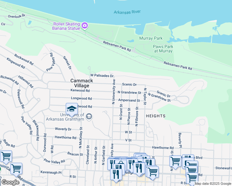 map of restaurants, bars, coffee shops, grocery stores, and more near 2915 North University Avenue in Little Rock