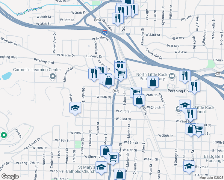 map of restaurants, bars, coffee shops, grocery stores, and more near 2637 Pike Avenue in North Little Rock