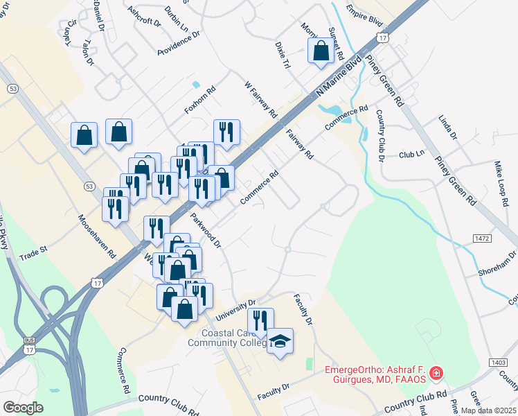 map of restaurants, bars, coffee shops, grocery stores, and more near 500 Heatherton Lane in Jacksonville