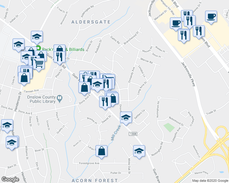 map of restaurants, bars, coffee shops, grocery stores, and more near 115 Pisgah Court in Jacksonville