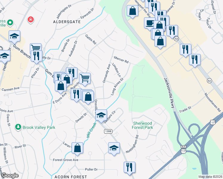map of restaurants, bars, coffee shops, grocery stores, and more near 109 Long Acres Drive in Jacksonville