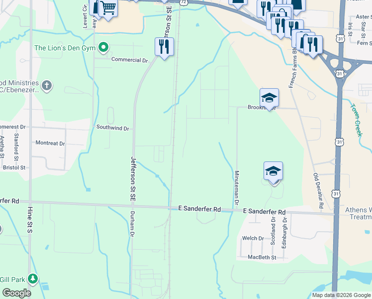 map of restaurants, bars, coffee shops, grocery stores, and more near 1601 South Monroe Street in Athens