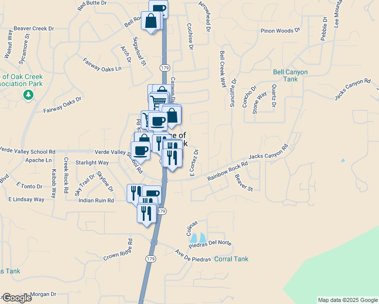map of restaurants, bars, coffee shops, grocery stores, and more near 110 East Cortez Drive in Sedona