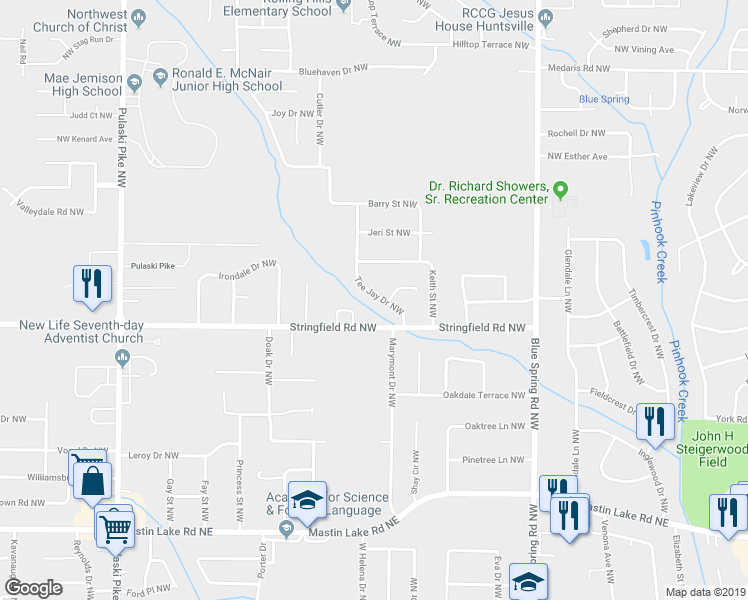 map of restaurants, bars, coffee shops, grocery stores, and more near 4207 Tee Jay Drive Northwest in Huntsville