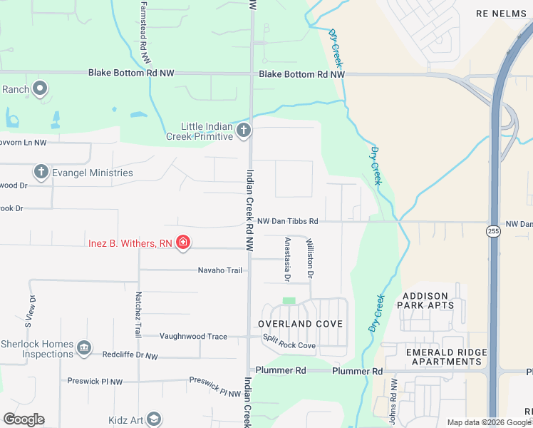 map of restaurants, bars, coffee shops, grocery stores, and more near 879 Northwest Dan Tibbs Road in Huntsville