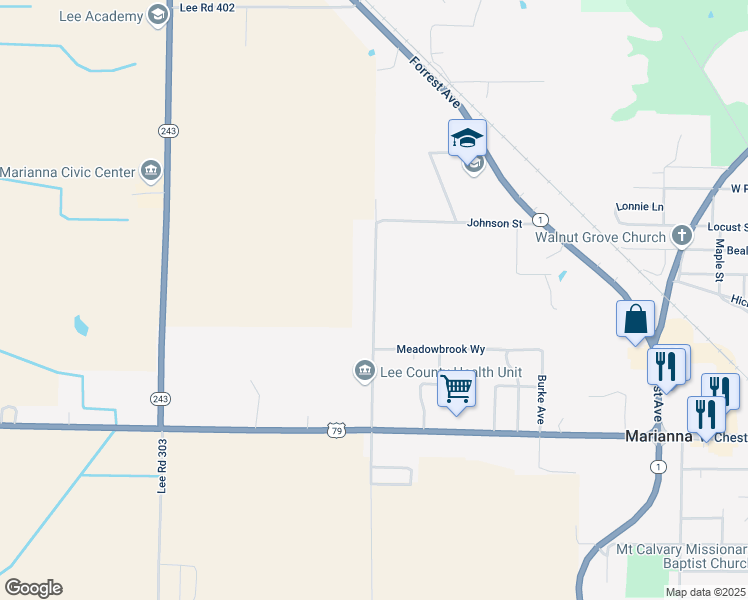 map of restaurants, bars, coffee shops, grocery stores, and more near 716 Meadowbrook Way in Marianna
