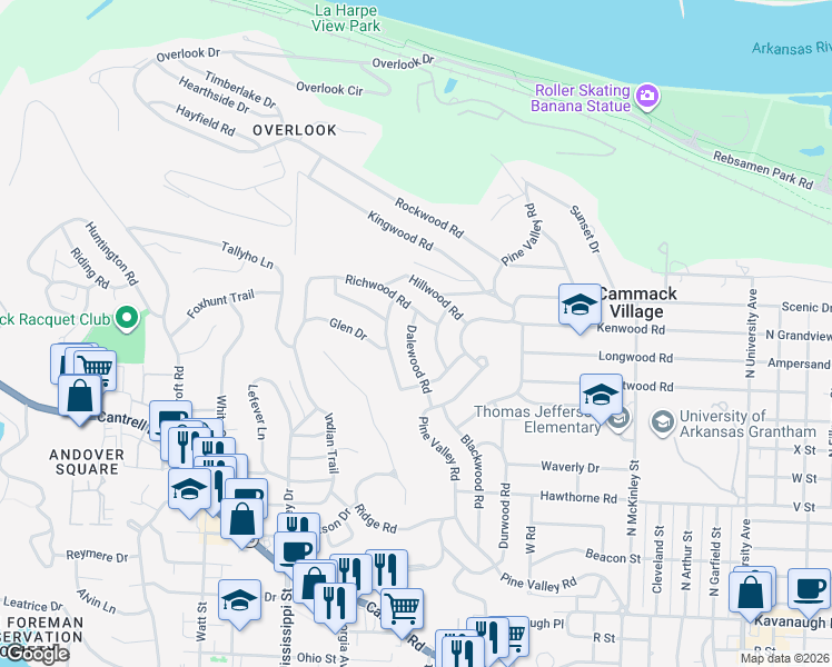 map of restaurants, bars, coffee shops, grocery stores, and more near 2904 Dalewood Road in Little Rock