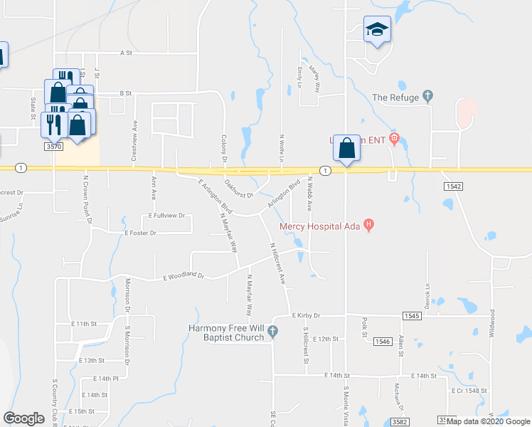map of restaurants, bars, coffee shops, grocery stores, and more near 424 North Hillcrest Avenue in Ada