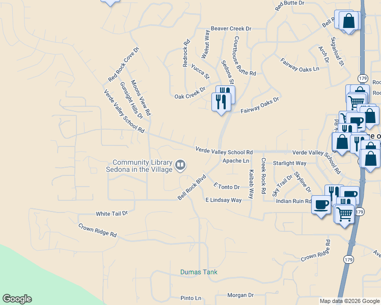 map of restaurants, bars, coffee shops, grocery stores, and more near 130 Regan Road in Sedona