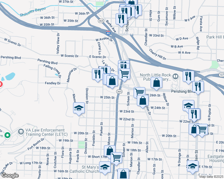 map of restaurants, bars, coffee shops, grocery stores, and more near 2637 Pike Avenue in North Little Rock