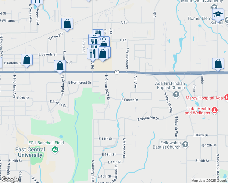 map of restaurants, bars, coffee shops, grocery stores, and more near 509 Rebecca Lane in Ada