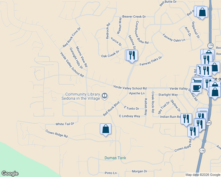 map of restaurants, bars, coffee shops, grocery stores, and more near 130 Regan Rd in Sedona