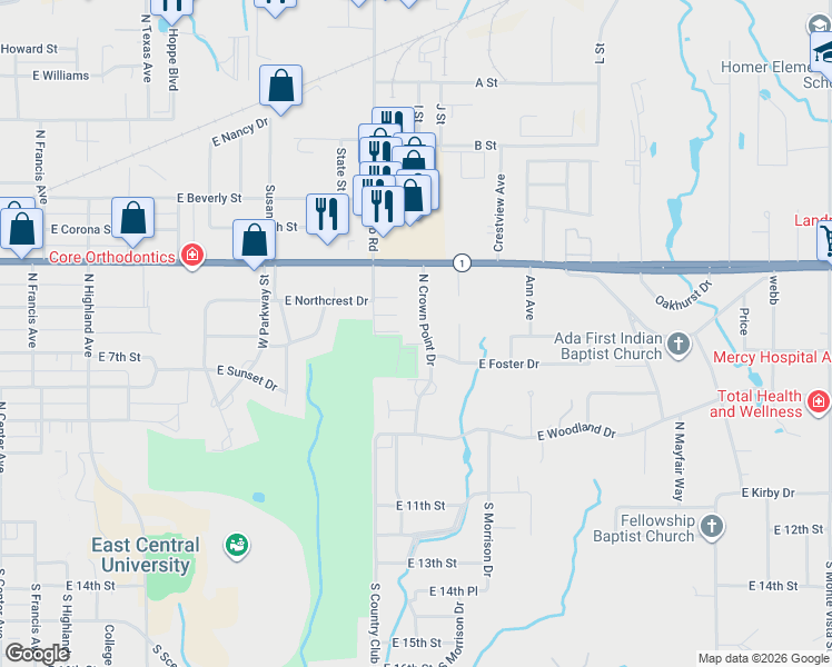 map of restaurants, bars, coffee shops, grocery stores, and more near 1828 Oakhills Lane in Ada