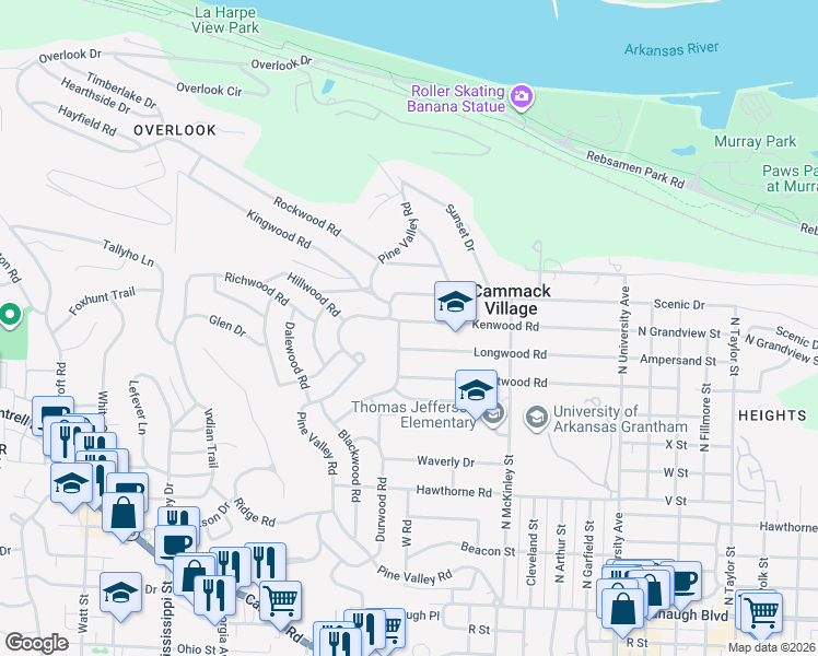 map of restaurants, bars, coffee shops, grocery stores, and more near 6724 Longwood Road in Little Rock