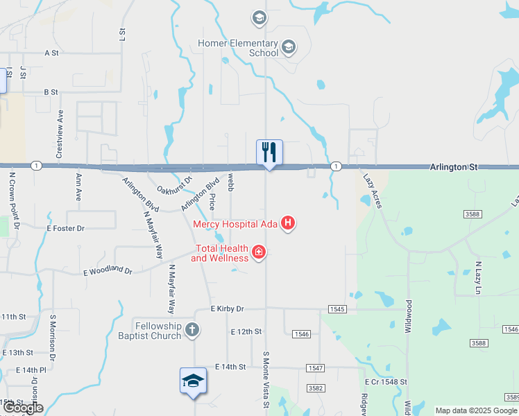 map of restaurants, bars, coffee shops, grocery stores, and more near 807 North Monte Vista Street in Ada