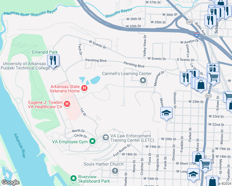 map of restaurants, bars, coffee shops, grocery stores, and more near 2501 John Ashley Drive in North Little Rock