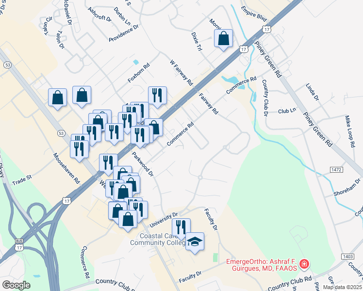 map of restaurants, bars, coffee shops, grocery stores, and more near 500 Heatherton Lane in Jacksonville