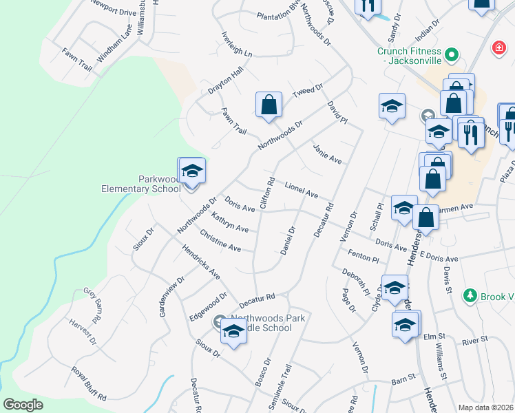 map of restaurants, bars, coffee shops, grocery stores, and more near 609-699 Doris Avenue in Jacksonville
