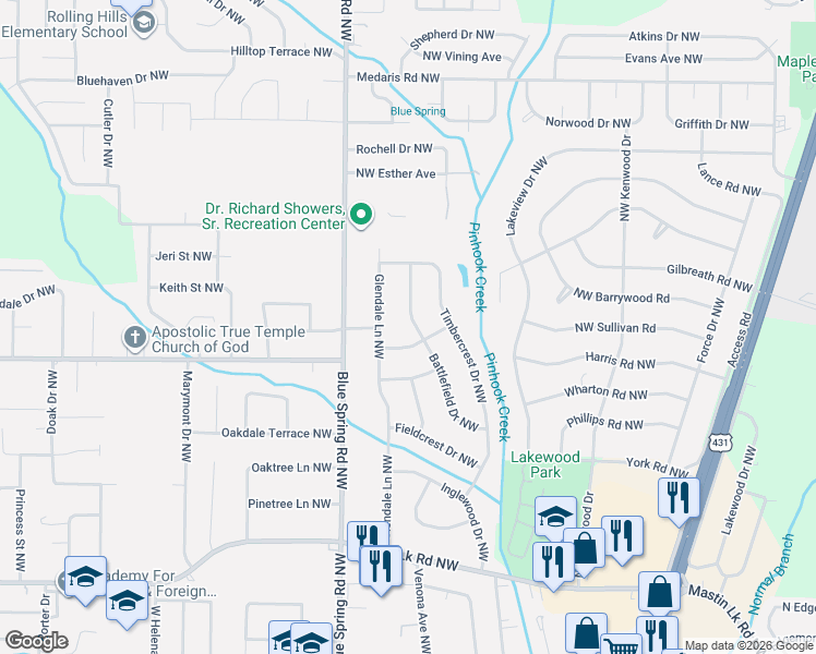 map of restaurants, bars, coffee shops, grocery stores, and more near 2604 Mc Clure Street Northwest in Huntsville