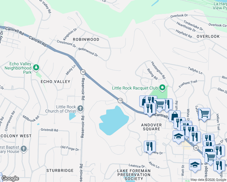 map of restaurants, bars, coffee shops, grocery stores, and more near 8520 Cantrell Road in Little Rock