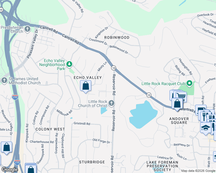 map of restaurants, bars, coffee shops, grocery stores, and more near in Little Rock