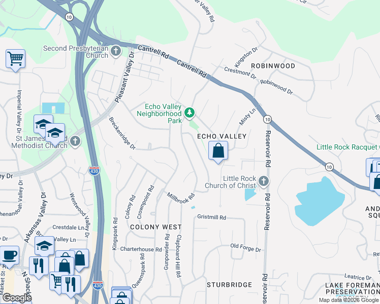 map of restaurants, bars, coffee shops, grocery stores, and more near 2817 Millbrook Road in Little Rock