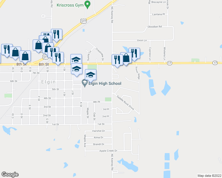 map of restaurants, bars, coffee shops, grocery stores, and more near 1534 Northeast Stone House Drive in Elgin