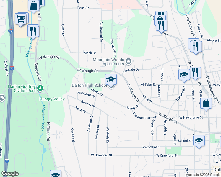 map of restaurants, bars, coffee shops, grocery stores, and more near 1500 Manly Street in Dalton