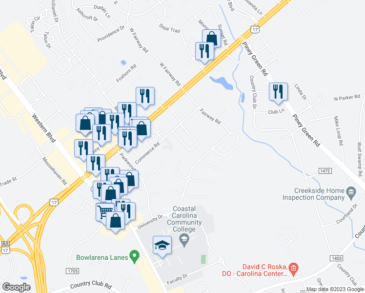 map of restaurants, bars, coffee shops, grocery stores, and more near 126 Marlene Drive in Jacksonville