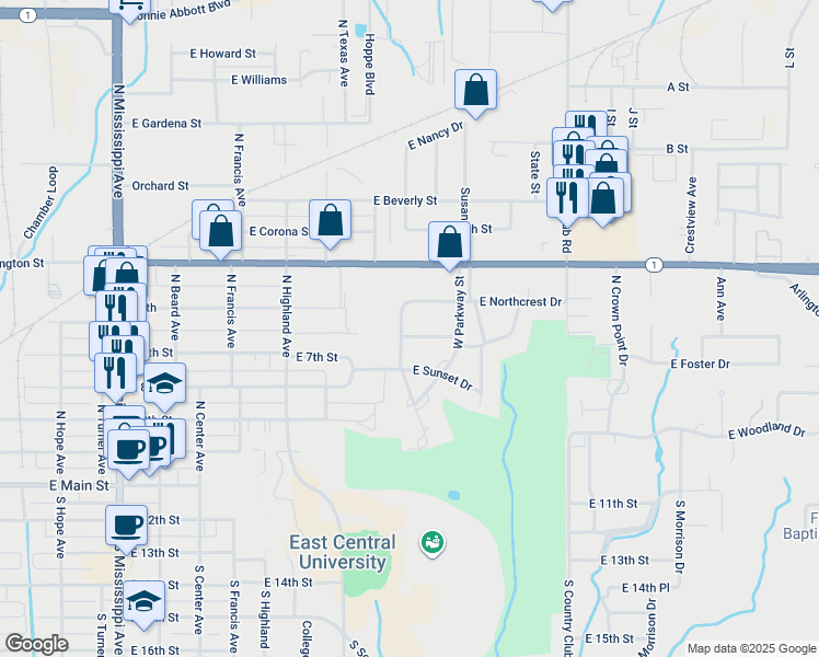 map of restaurants, bars, coffee shops, grocery stores, and more near 1415 East Sunrise Lane in Ada
