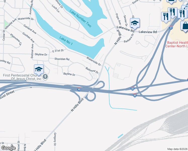 map of restaurants, bars, coffee shops, grocery stores, and more near 3101 North Hills Boulevard in North Little Rock