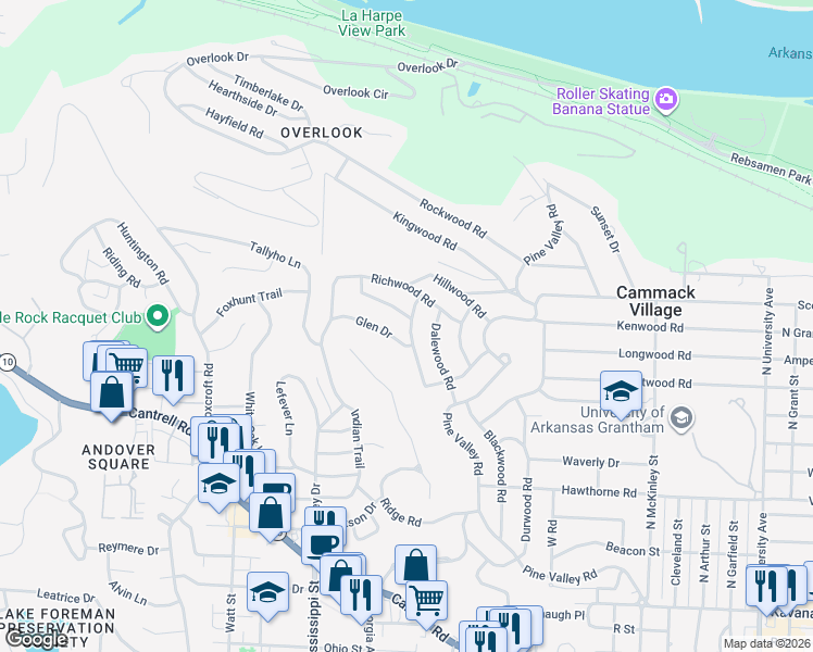 map of restaurants, bars, coffee shops, grocery stores, and more near 100 Glen Drive in Little Rock