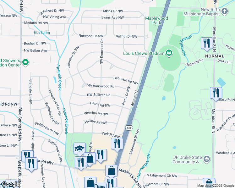 map of restaurants, bars, coffee shops, grocery stores, and more near 2109 Northwest Sullivan Road in Huntsville