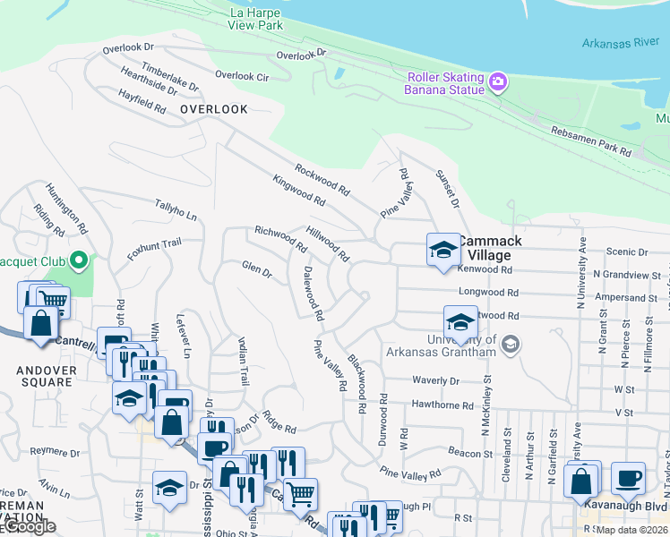 map of restaurants, bars, coffee shops, grocery stores, and more near 2901 Circlewood Drive in Little Rock