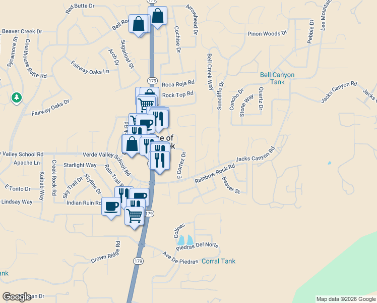 map of restaurants, bars, coffee shops, grocery stores, and more near 140 East Cortez Drive in Sedona