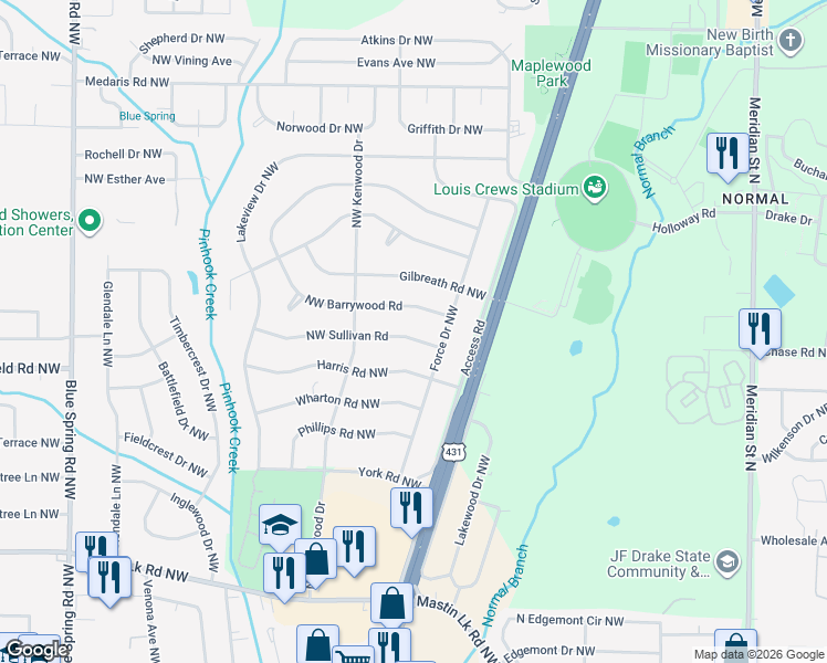 map of restaurants, bars, coffee shops, grocery stores, and more near 2109 Northwest Sullivan Road in Huntsville