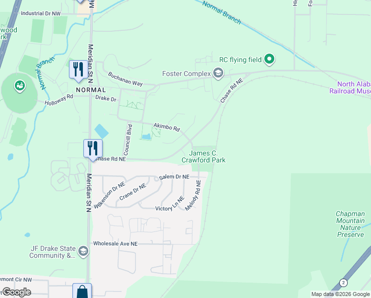 map of restaurants, bars, coffee shops, grocery stores, and more near 3812 J F Kennedy Circle Northeast in Huntsville